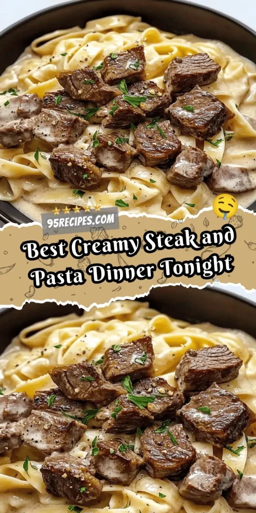 Creamy steak and pasta dinner dish, a perfect meal for steak lovers.