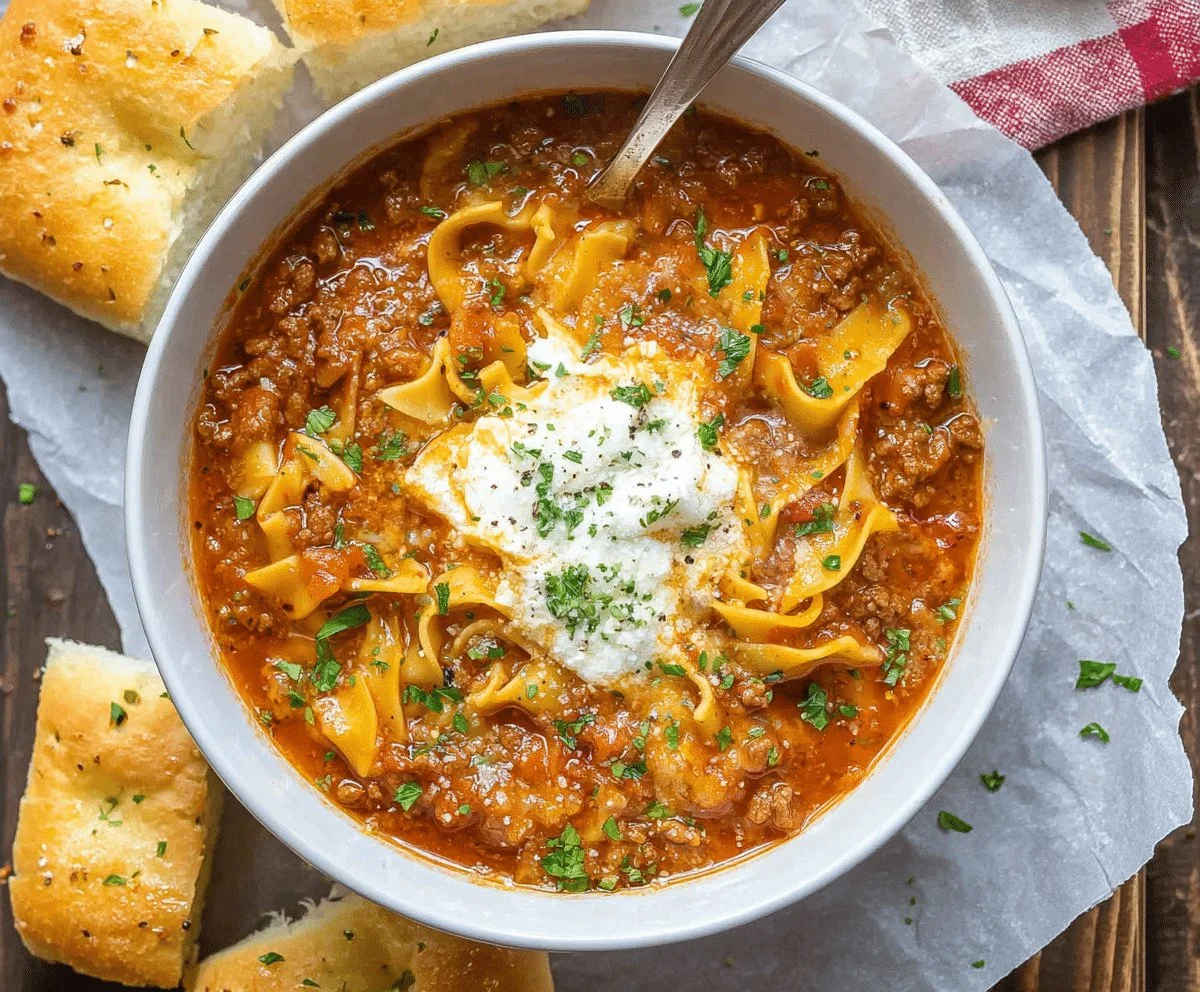 Delicious bowl of cheesy lasagna soup with pasta, cheese, and herbs.