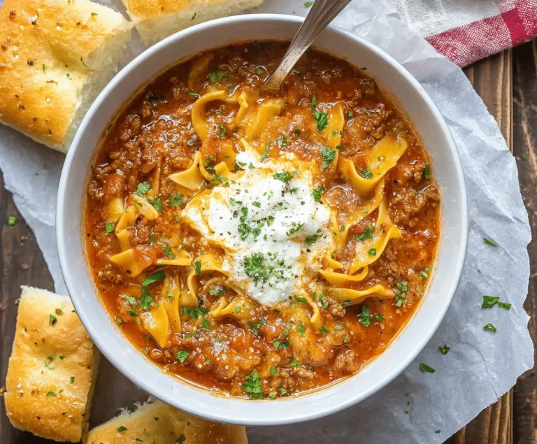 Delicious bowl of cheesy lasagna soup with herbs and pasta.