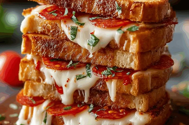 Delicious pizza grilled cheese sandwich stacked with layers of cheese and toppings