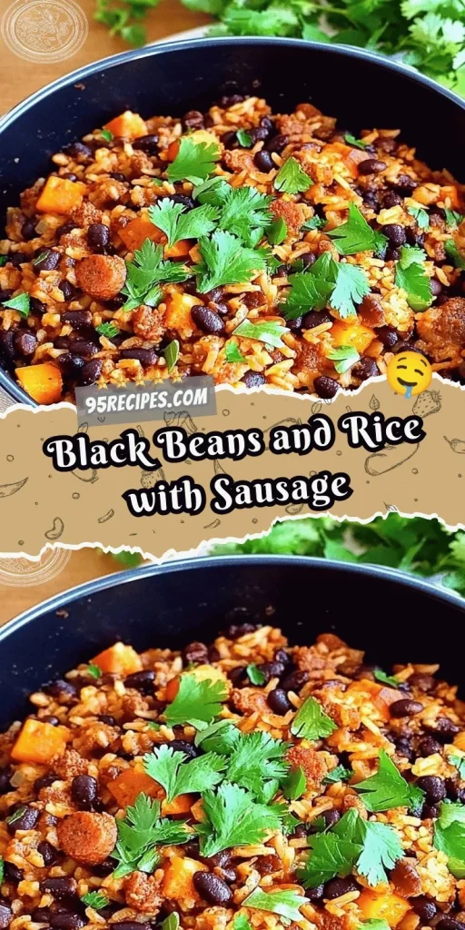 Black Beans and Rice with Sausage served in a bowl, garnished with herbs