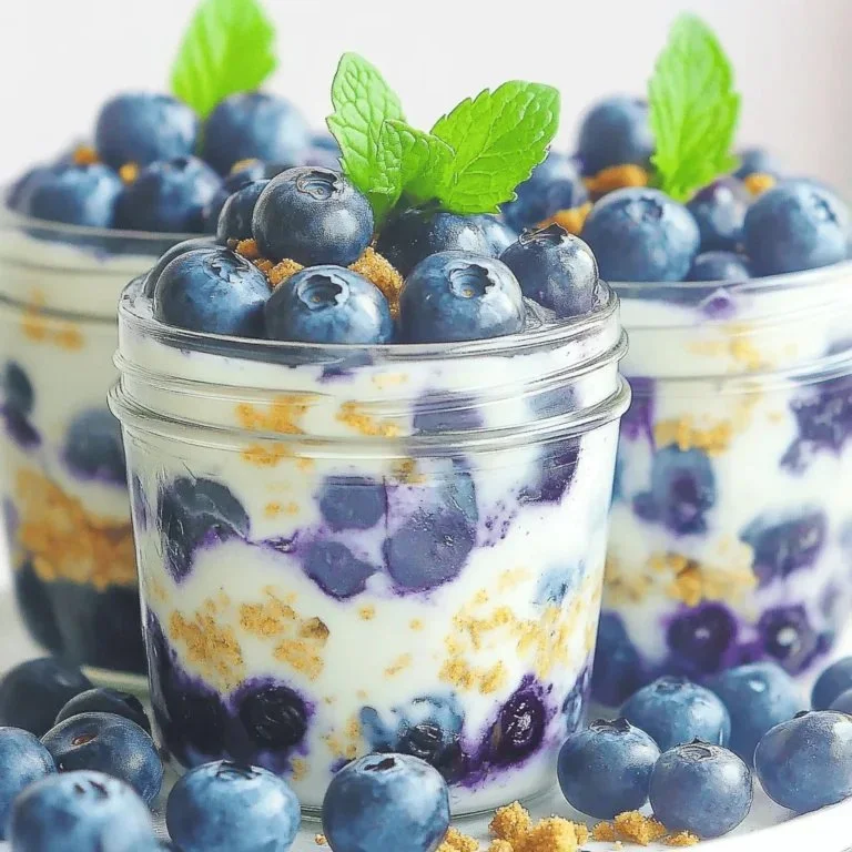 Blueberry cheesecake overnight oats in a glass topped with fresh blueberries