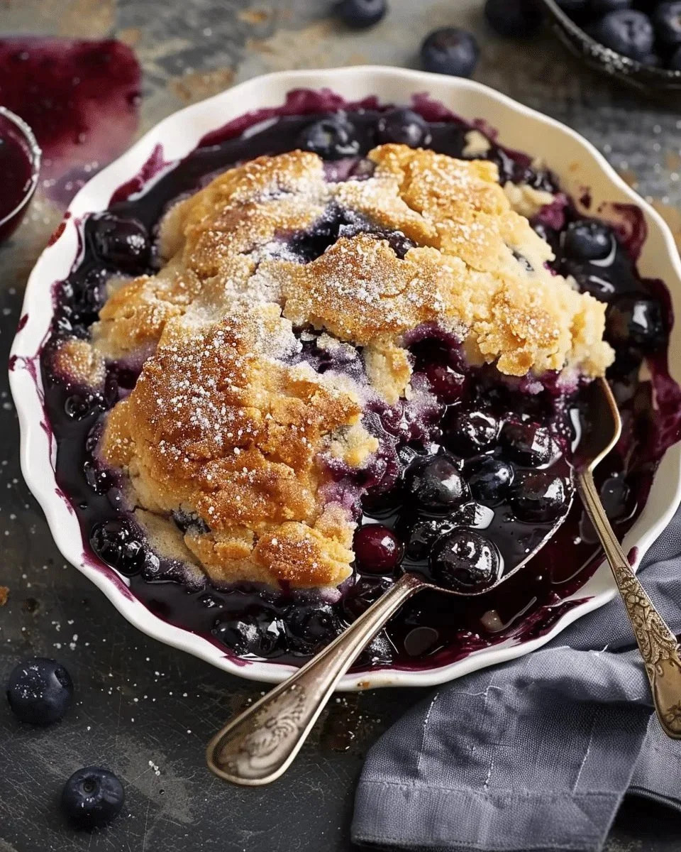 Homemade blueberry cobbler topped with golden crust and fresh blueberries