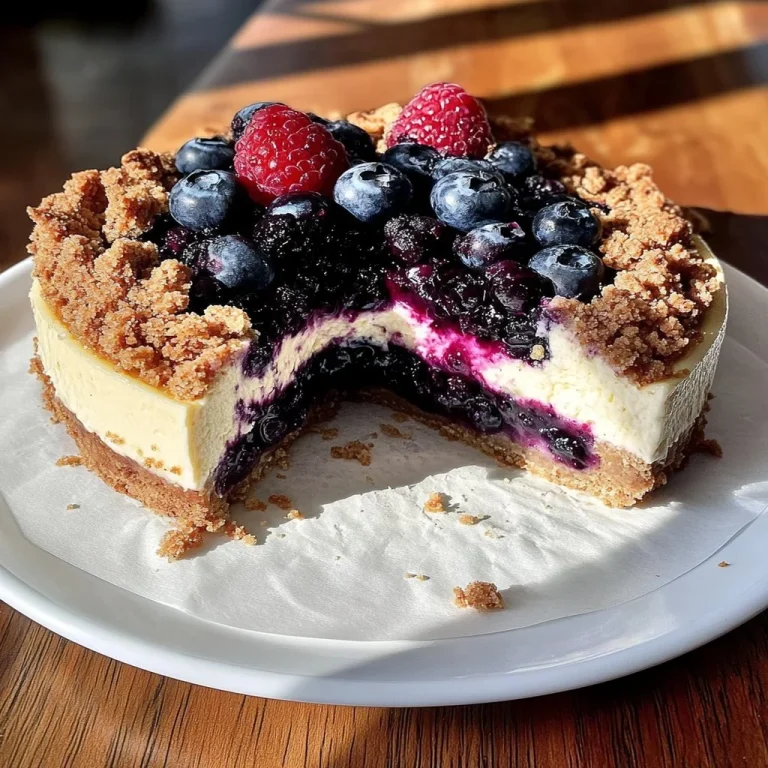 Blueberry crumble cheesecake topped with fresh blueberries and a crispy crust