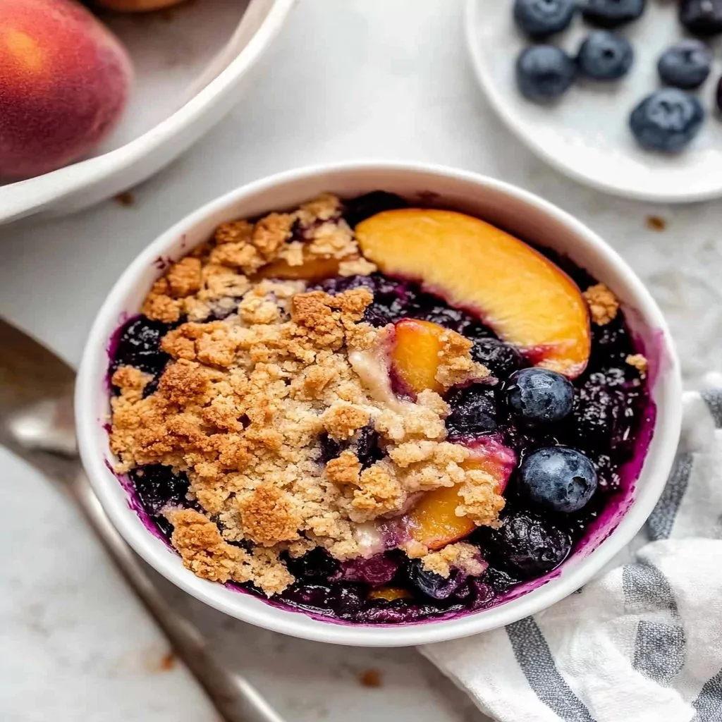 Delicious Blueberry Peach Crumble dessert with vibrant blueberries and peaches
