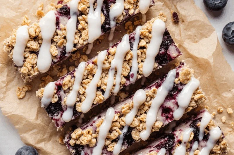 Blueberry Vanilla Greek Yogurt Granola Bars on a wooden table