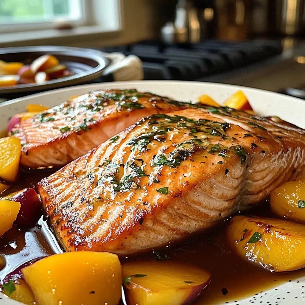 Grilled Bourbon Peach Salmon garnished with fresh peaches and herbs