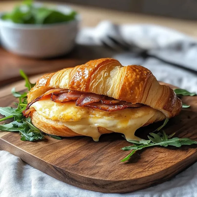 Breakfast croissant sandwich filled with eggs, cheese, and fresh vegetables.