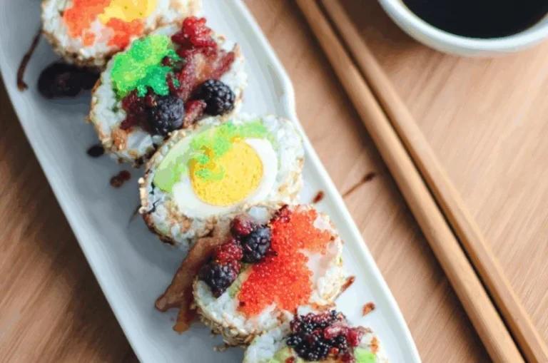 Delicious Breakfast Sushi Rolls with fresh ingredients and colorful presentation.