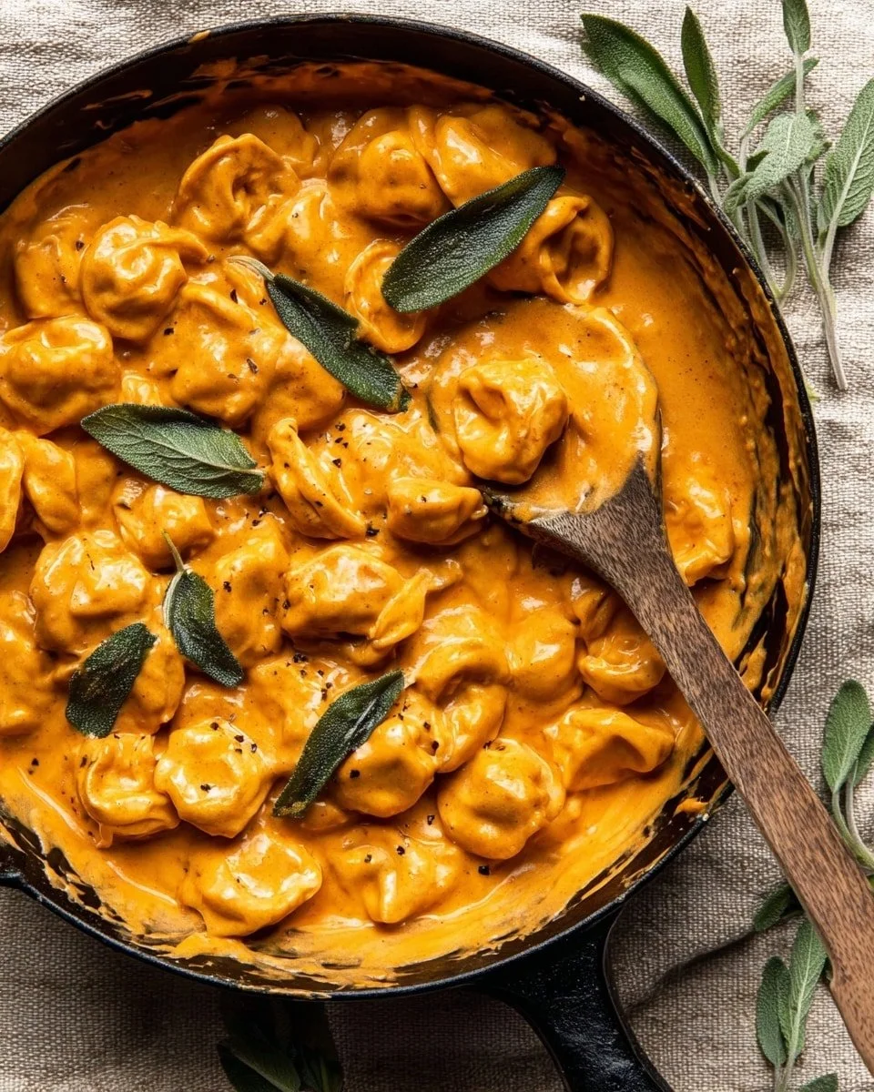 Brown Butter Pumpkin Alla Vodka Tortellini topped with herbs