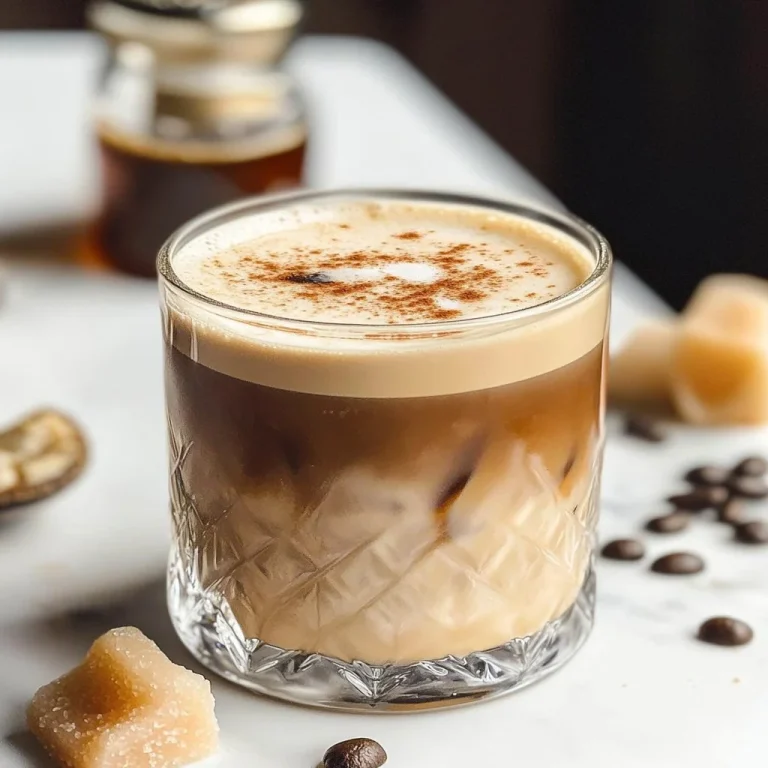 Delicious Brown Sugar Shaken Espresso in a glass with ice and coffee beans.