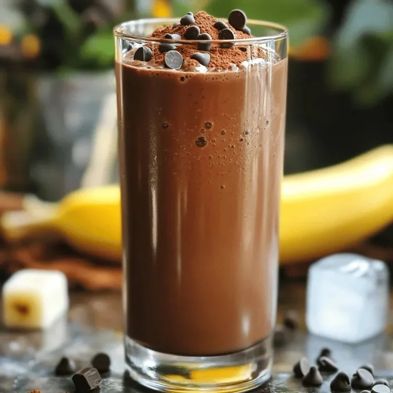 Delicious brownie batter protein shake in a glass with chocolate sprinkles on top