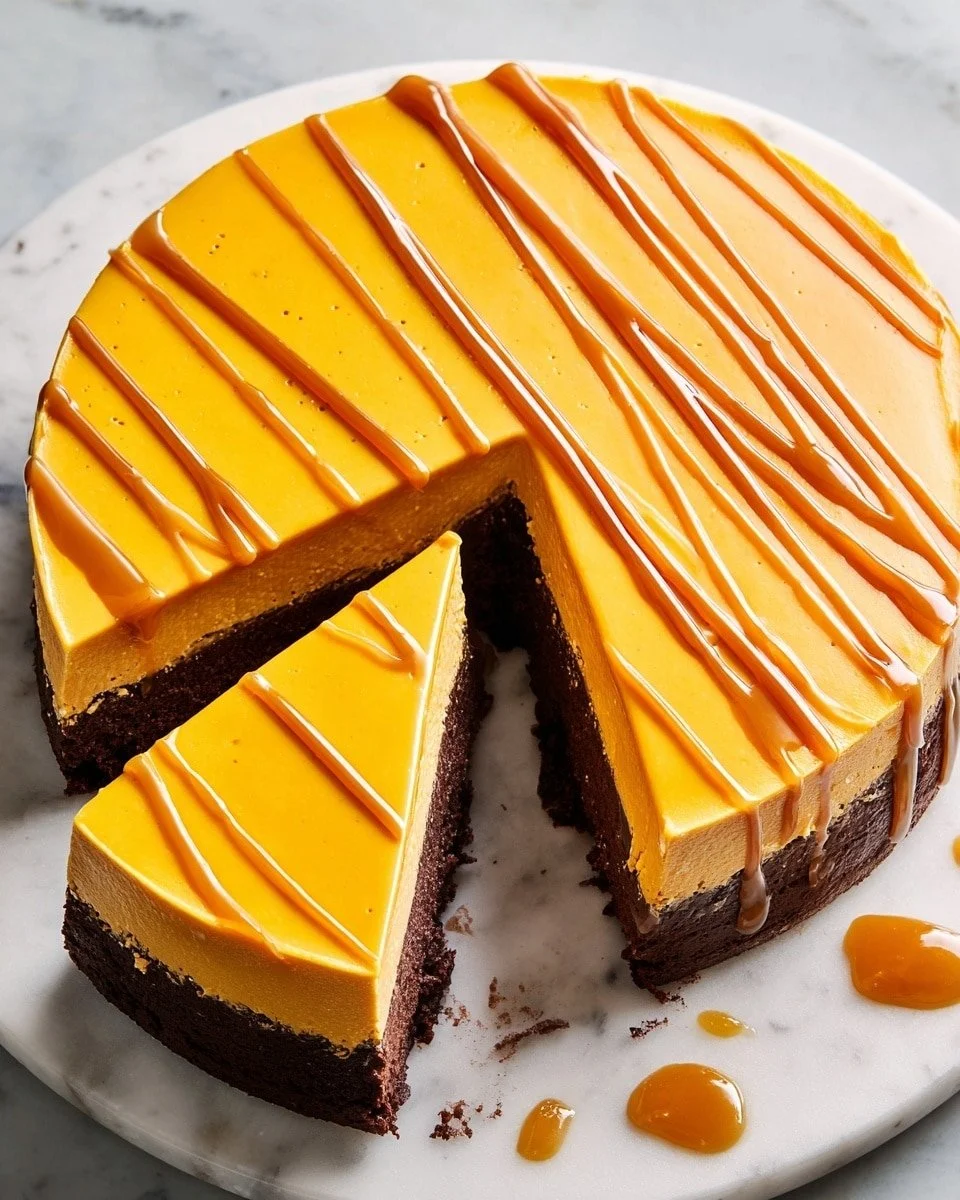 Delicious brownie bottom pumpkin cheesecake slice on a plate