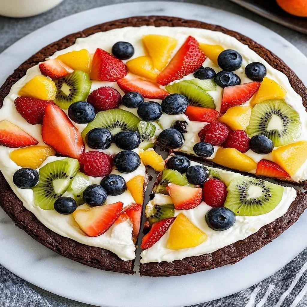 Decadent brownie fruit pizza topped with vibrant fresh fruits