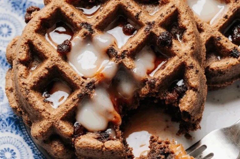 Delicious brownie waffles topped with chocolate sauce and whipped cream