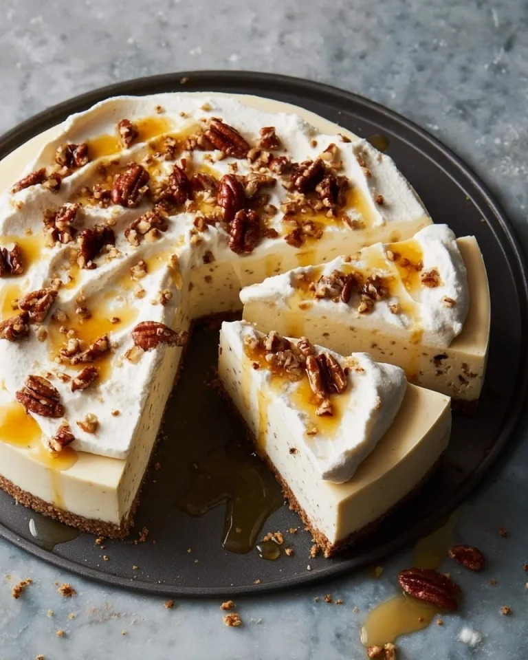 Delicious butter pecan cheesecake topped with pecans and caramel sauce