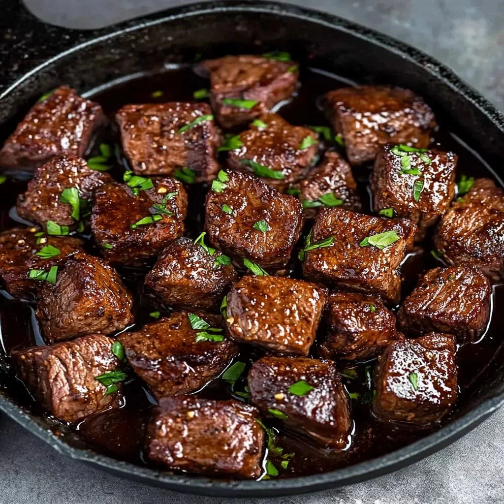 Cajun Butter Bourbon Steak garnished with herbs and spices.