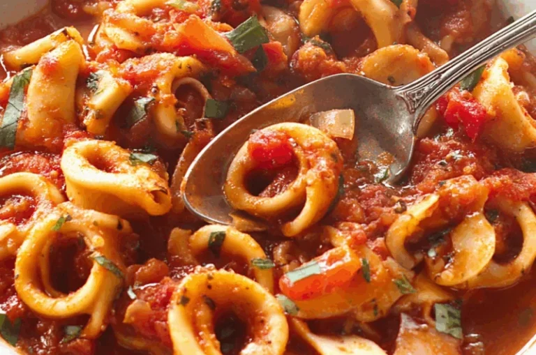 Plated Calamari Fra Diavolo garnished with herbs and spices