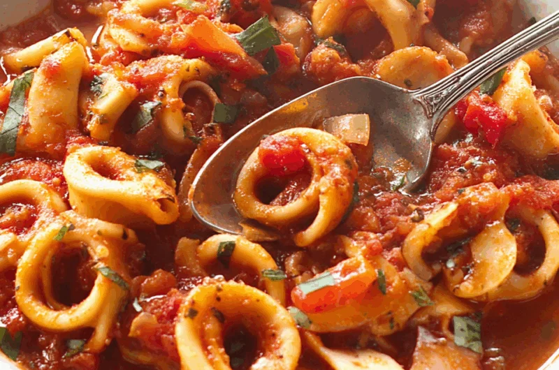 Plated Calamari Fra Diavolo garnished with herbs and spices