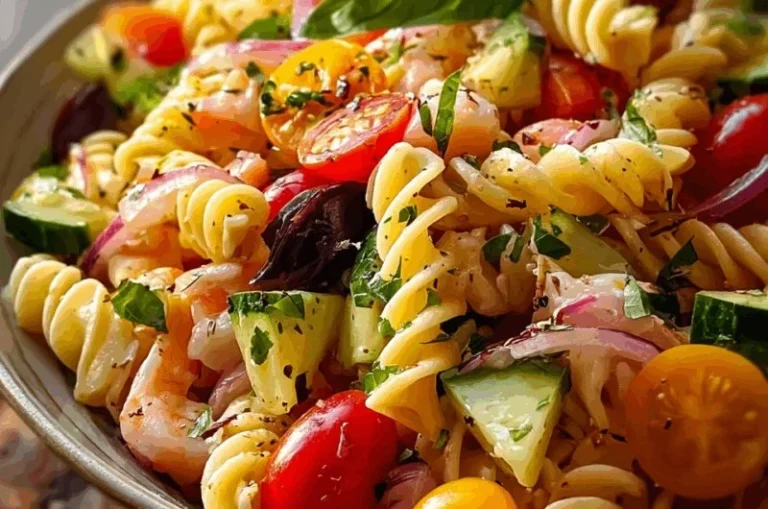 Colorful California Pasta Salad with fresh vegetables and dressing