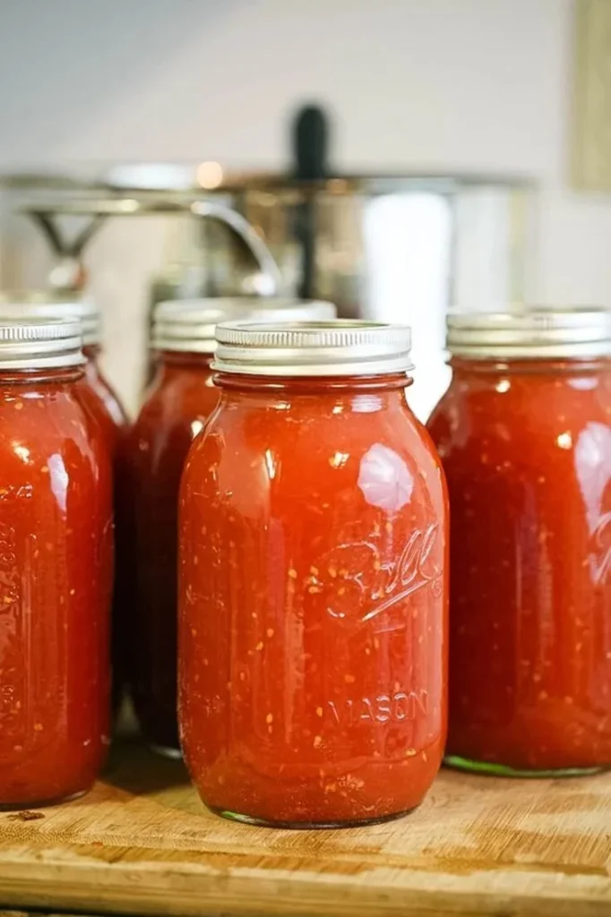 Jars of homemade canned tomato sauce ready for preservation
