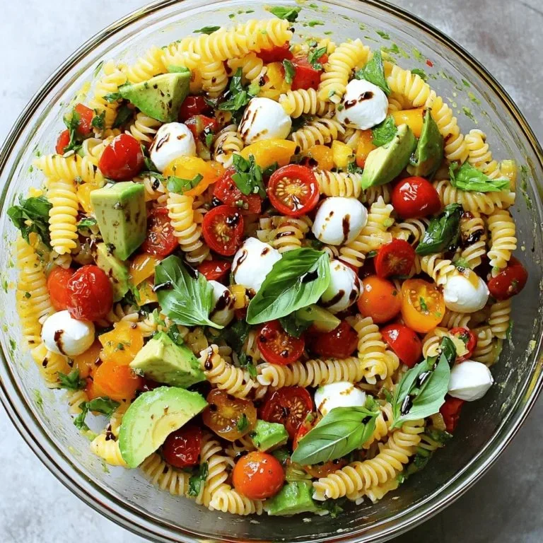 Delicious Caprese Pasta Salad with fresh tomatoes, mozzarella, and basil