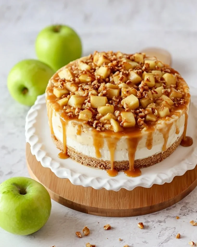 Slice of caramel apple cheesecake topped with caramel drizzle and apple slices