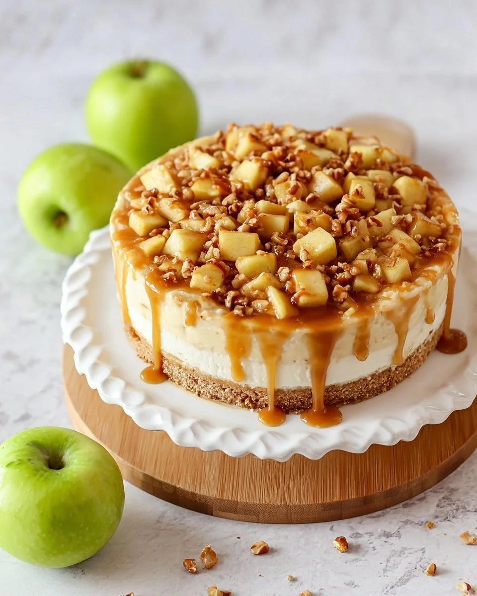 Slice of caramel apple cheesecake topped with caramel drizzle and apple slices