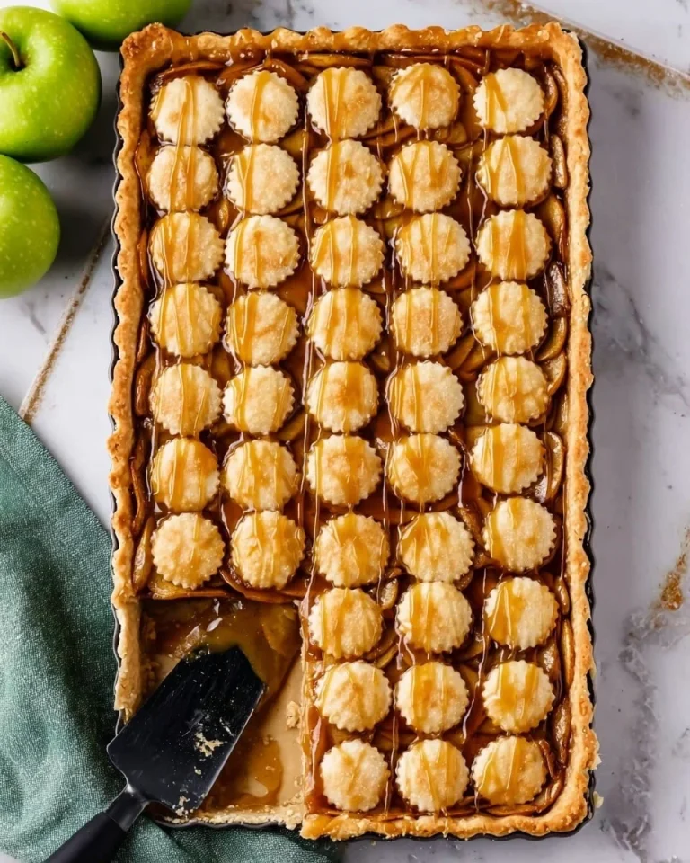 Delicious Caramel Apple Sheet Pan Pie with melted caramel topping and fresh apples