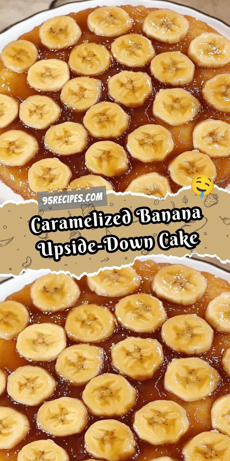 Moist caramelized banana upside-down cake topped with golden bananas.