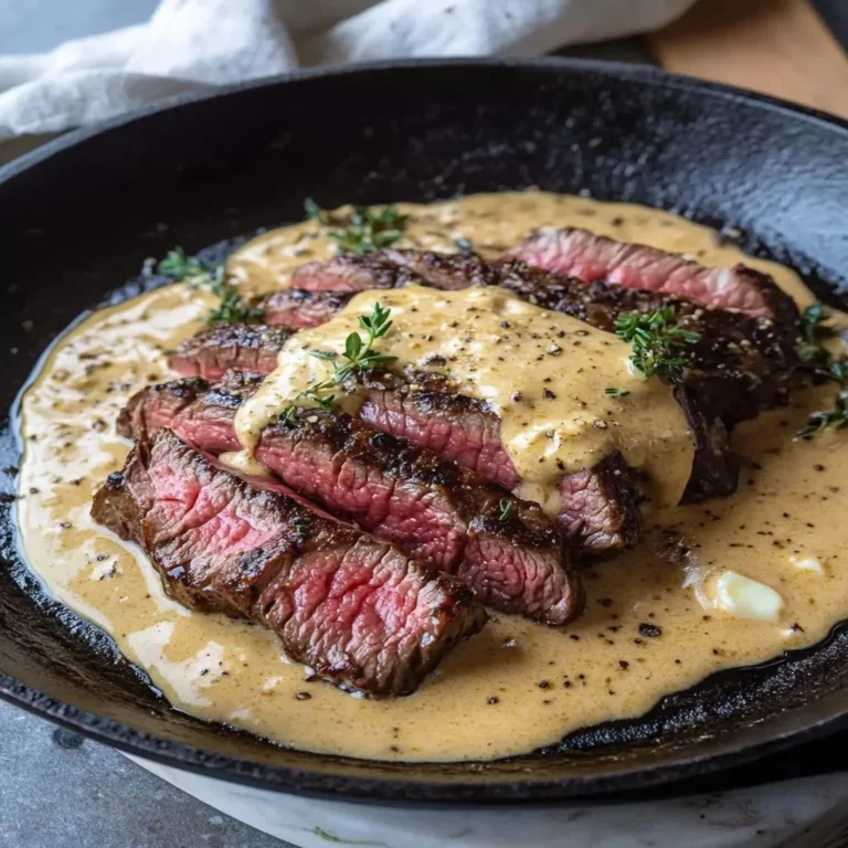 Cast iron bavette steak served with whiskey garlic cream sauce