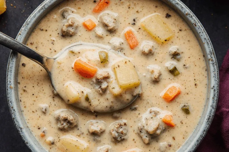 Delicious cheeseburger soup garnished with cheese and herbs in a bowl