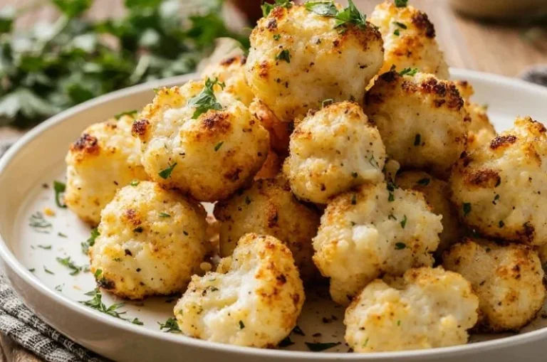 Cheesy baked cauliflower bites served on a plate with garnishes