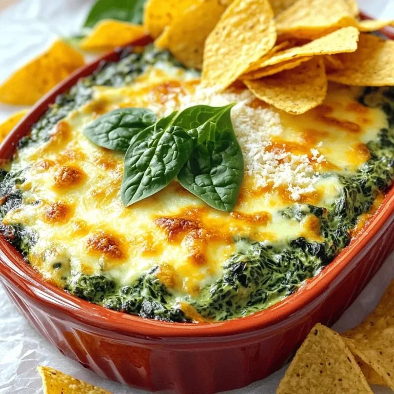 Cheesy baked spinach dip served in a dish, perfect for parties and gatherings.