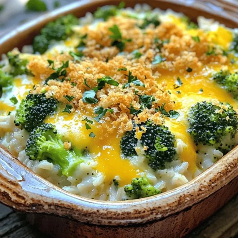 Cheesy broccoli rice casserole fresh out of the oven, garnished and ready to serve.