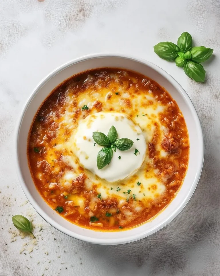 Bowl of cheesy creamy lasagna soup garnished with fresh herbs