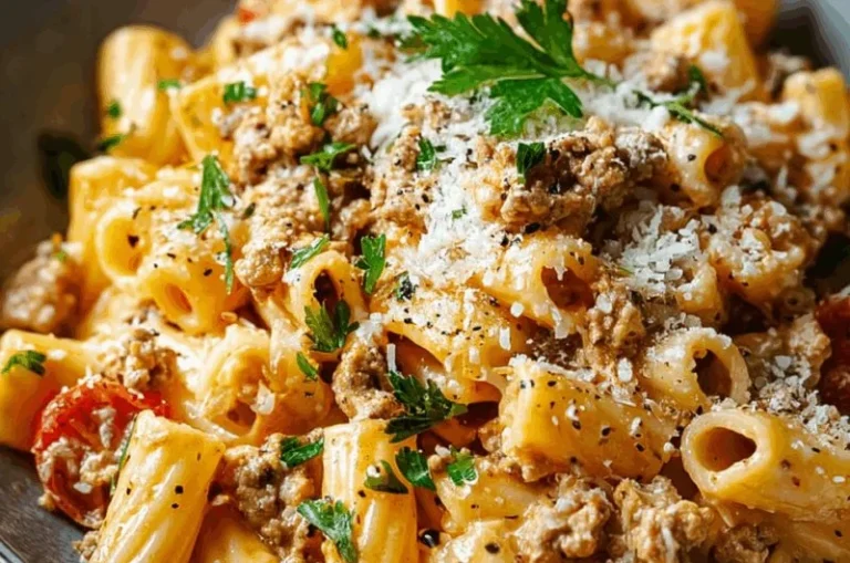 Cheesy Ground Turkey Pasta dish ready to serve, featuring pasta and ground turkey.