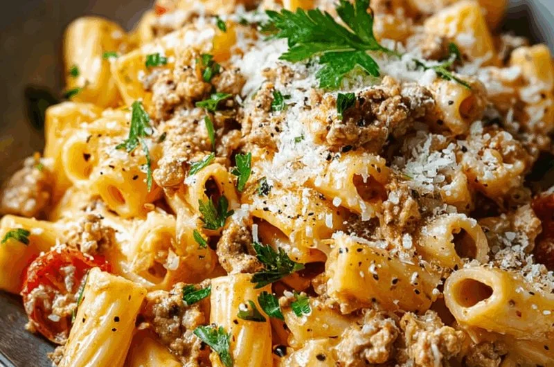 Cheesy Ground Turkey Pasta dish ready to serve, featuring pasta and ground turkey.