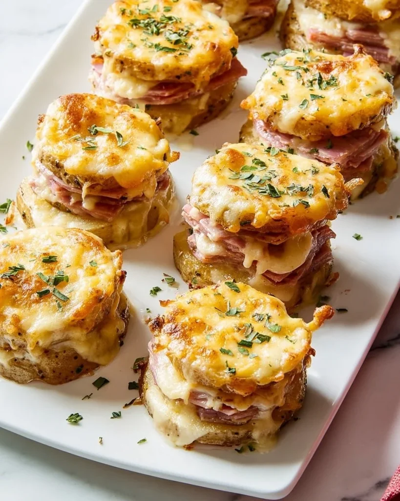 Cheesy scalloped potato and ham stacks layered and baked until golden.