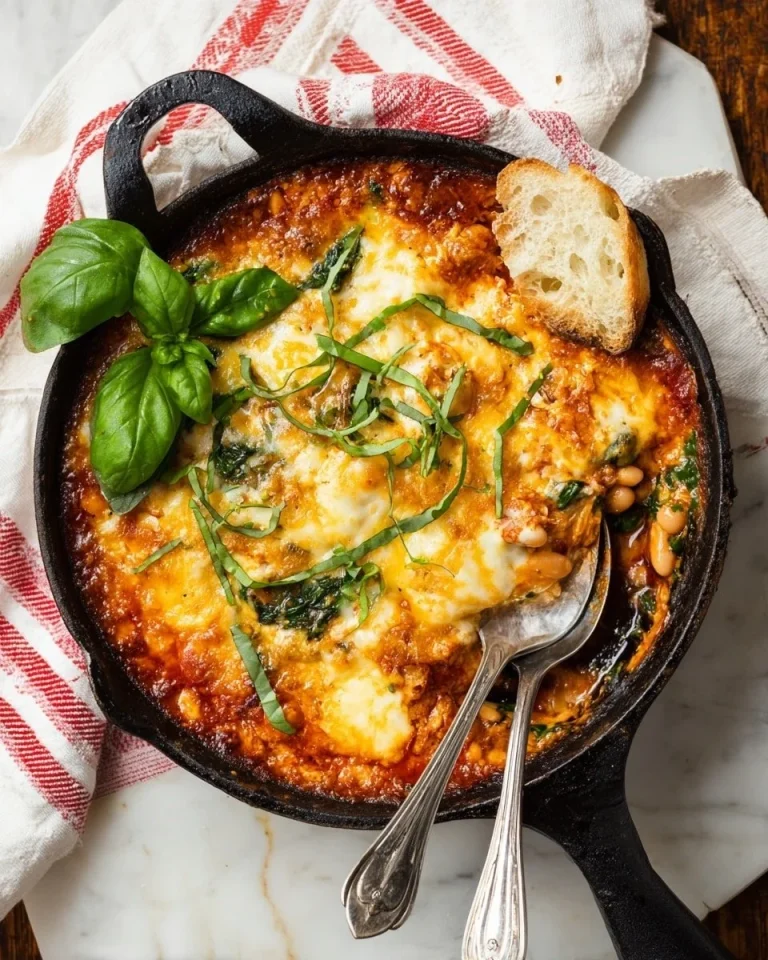 Delicious Cheesy White Bean Tomato Bake served in a rustic dish