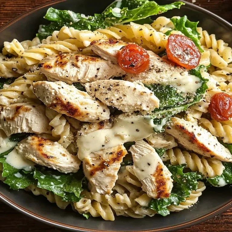 Delicious Chicken Caesar Pasta Salad with grilled chicken and fresh greens