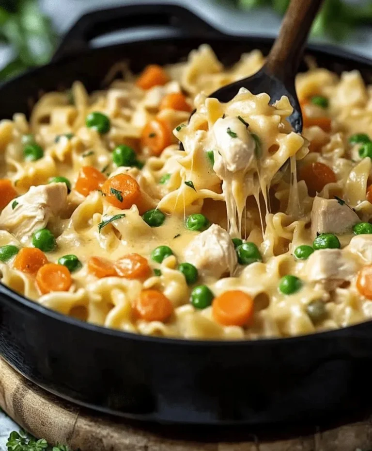 Chicken pot pie noodle skillet with vegetables and golden noodles
