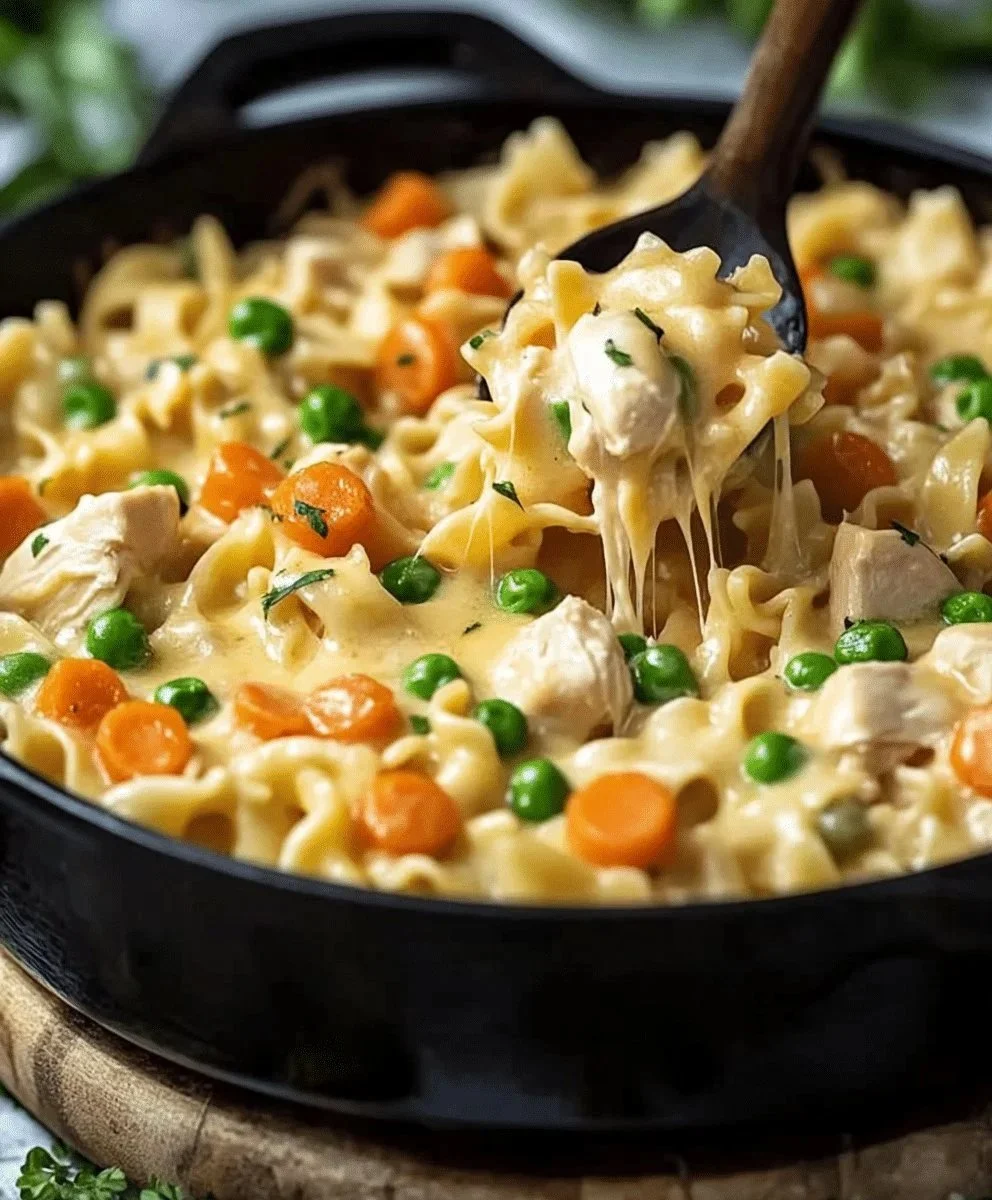 Chicken pot pie noodle skillet with vegetables and golden noodles