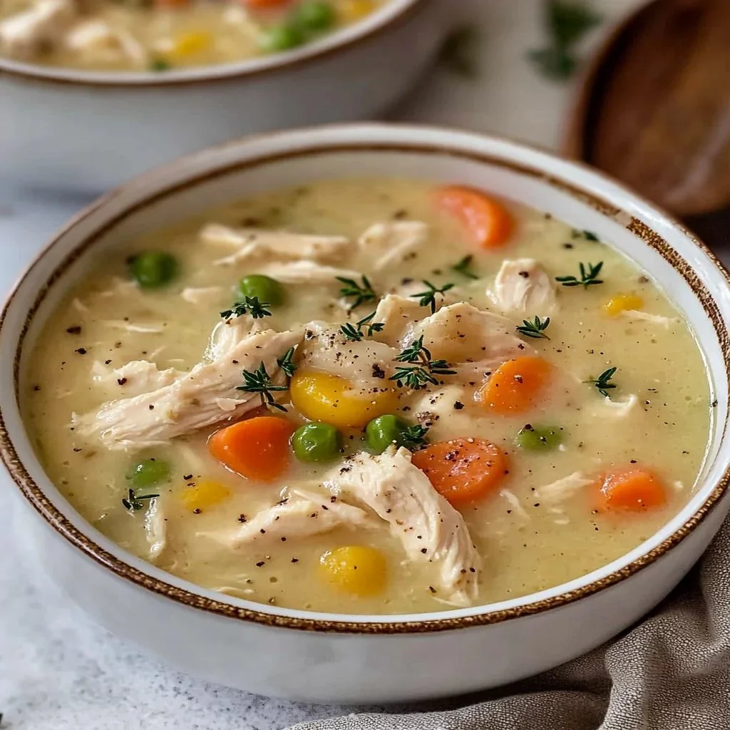 Delicious Chicken Pot Pie Soup served in a bowl with herbs and vegetables