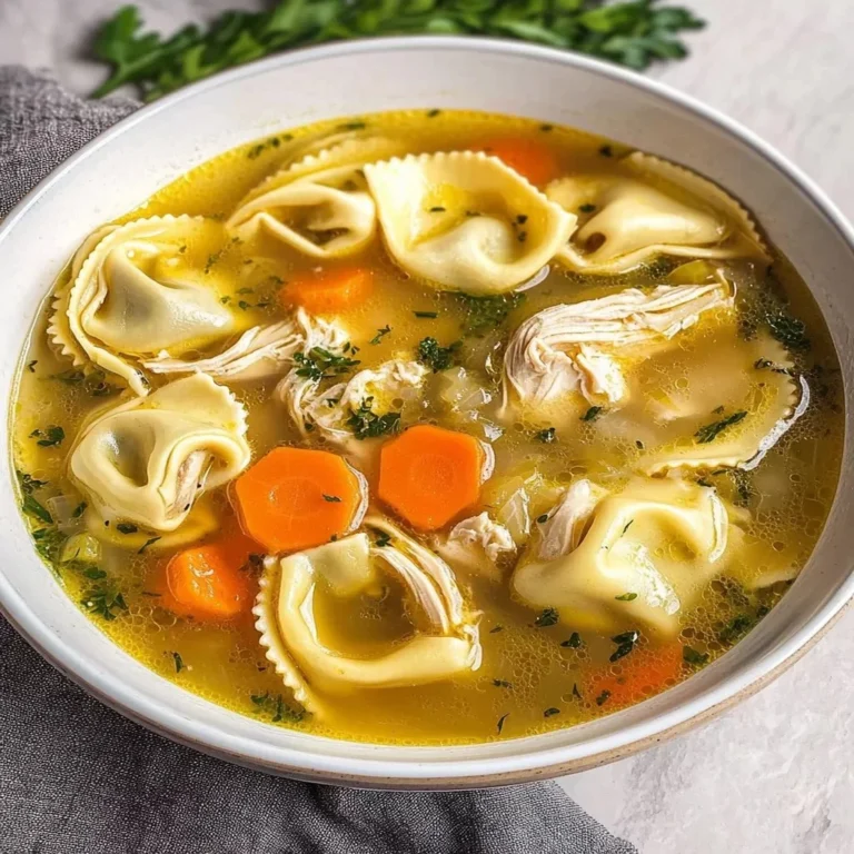 Bowl of Chicken Tortellini Soup garnished with herbs and vegetables