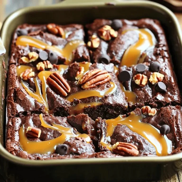 Delicious chocolate caramel turtle brownies topped with nuts and caramel drizzle.
