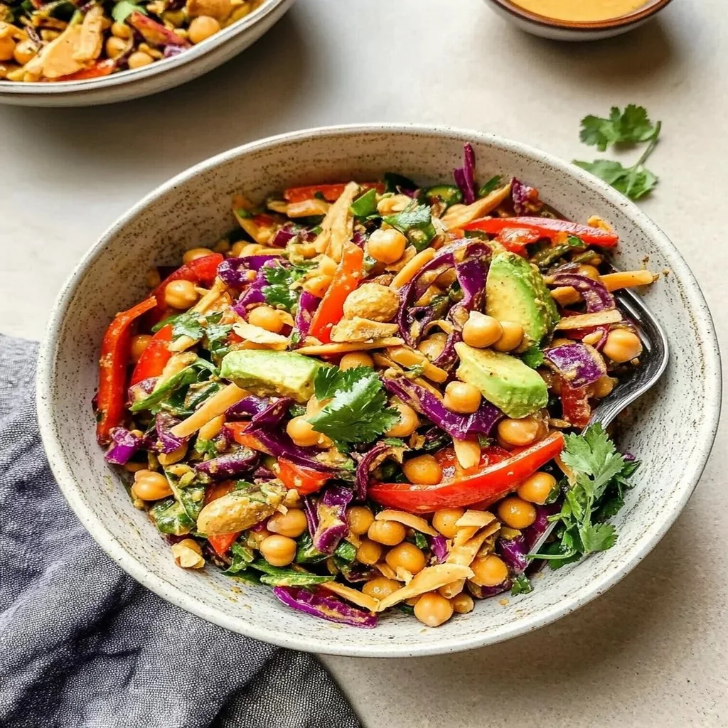 Chopped Thai Chickpea Salad drizzled with creamy curry peanut dressing.