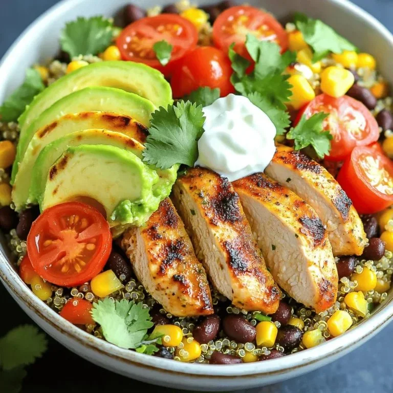 Cilantro lime chicken burrito bowl with colorful vegetables and rice