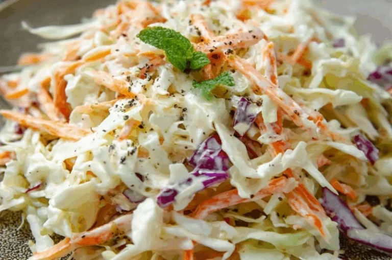 Bowl of classic creamy coleslaw topped with fresh herbs.