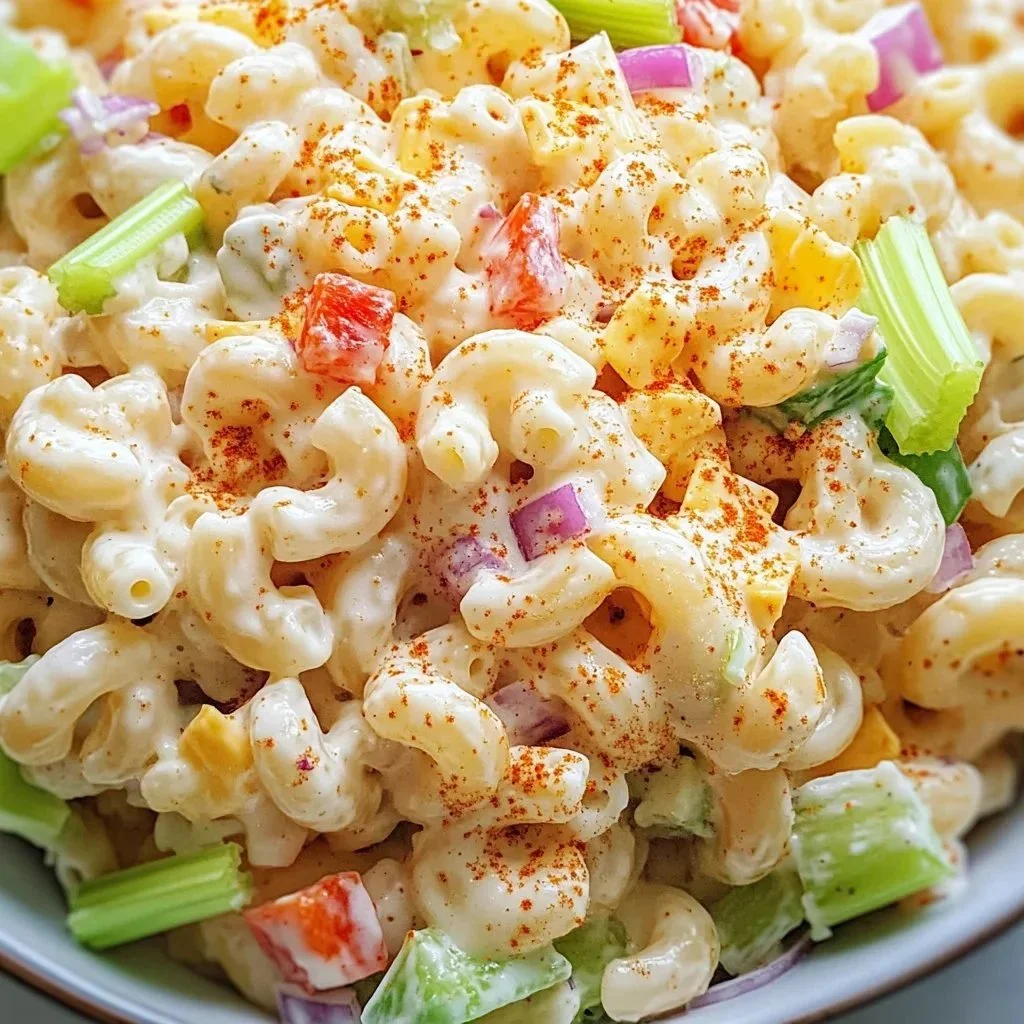 Bowl of classic macaroni salad with vegetables and dressing